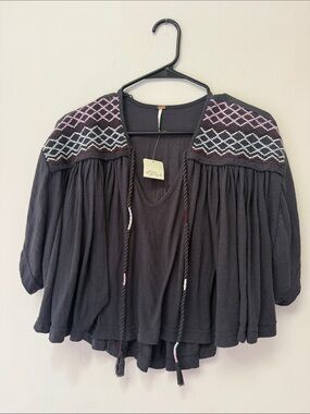 Free People Black Embroidered Shoulder Peasant Blouse